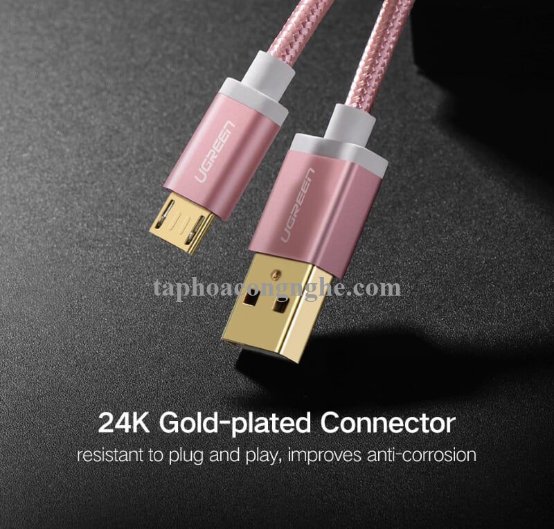Ugreen 30664 0.5M màu Hồng Cáp sạc truyền dữ liệu USB 2.0 sang MICRO USB đầu mạ vàng US134 30030664